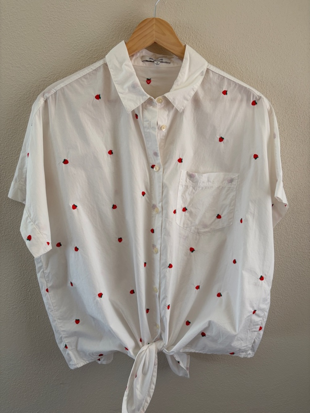 Madewell white button down with embroidered strawberries | size medium